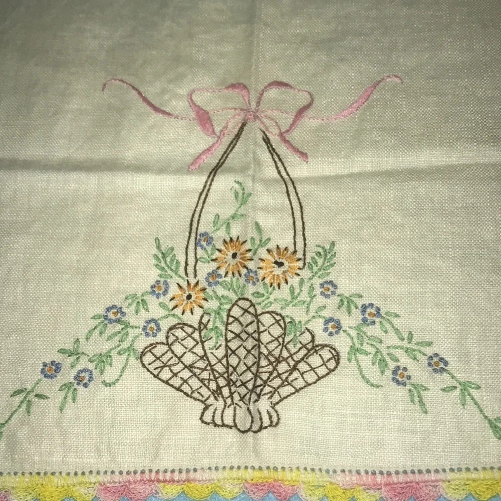 CROCHETED vintage embroidered basket of flowers set of 3 matching table mats